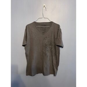 Southern Thread Gray V-Neck T-Shirt Y2K Tribal Artwork Grunge Gothic Biker SZ MD